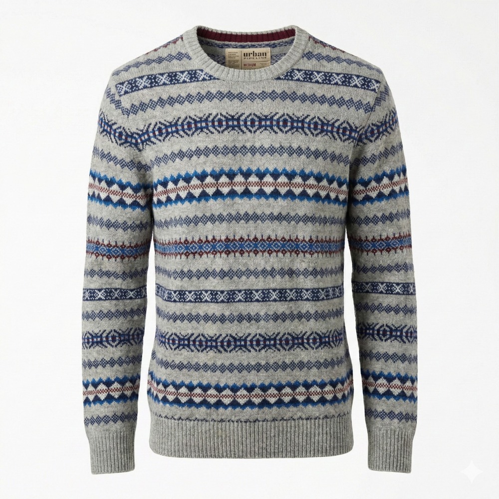 Urban Pipeline Men's Medium Fair Isle Crewneck Sweater Grey Navy Wool Blend